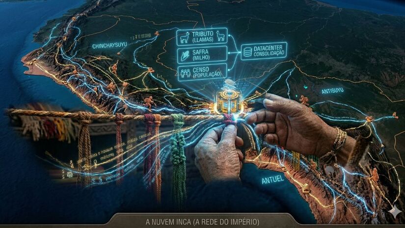 Os quipus n&atilde;o eram isolados. Eles eram 'carregados' de todas as regi&otilde;es para centros administrativos centrais. Isso criava uma rede de informa&ccedil;&otilde;es em larga escala, permitindo que o imperador controlasse estoques, censo e tributos em um territ&oacute;rio vasto, muito antes da era digital / Ilustra&ccedil;&atilde;o gerada por IA