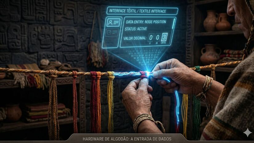 Cada quipu come&ccedil;a com uma corda principal horizontal. As cordas pendentes (as 'portas de entrada') recebem n&oacute;s que representam n&uacute;meros em um sistema decimal posicional (unidades, dezenas, centenas) / Ilustra&ccedil;&atilde;o gerada por IA