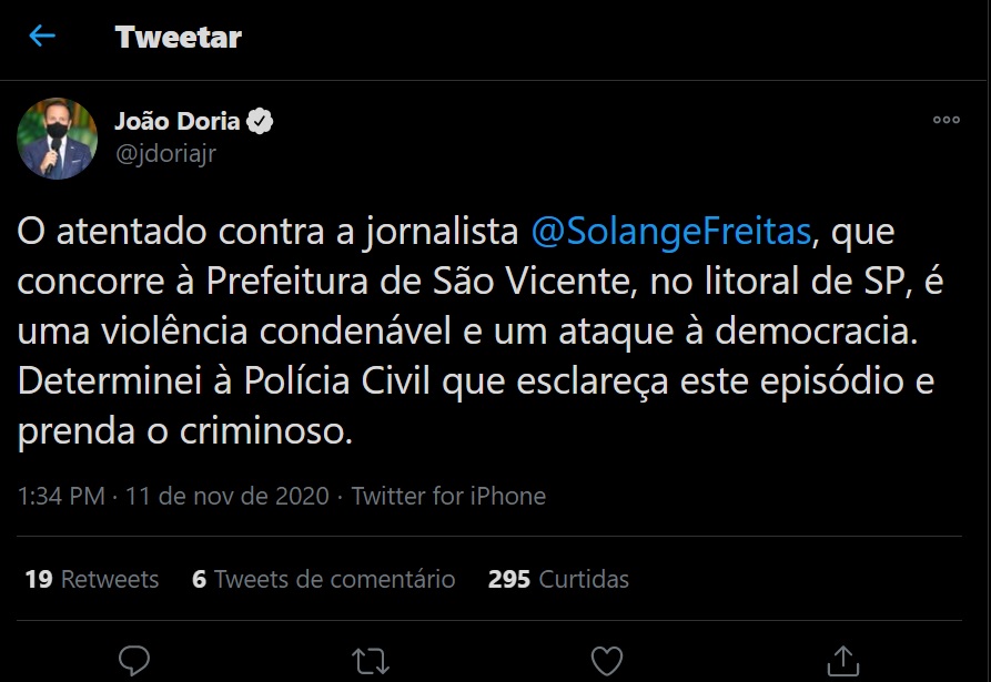 Doria usou sua conta no Twitter para se pronunciar a respeito de ocorrido