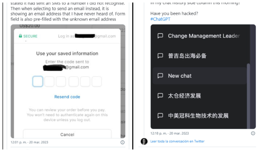 Usuário consulta o OpenAI para saber se ele foi hackeado ao ver idiomas estrangeiros em seu histórico de bate-papo e outro usuário avisa que a página de pagamento do ChatGPT Plus, alegou ter enviado um SMS de verificação para um número desconhecido