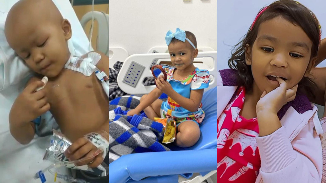 Da esquerda para direita: Sarah há 1 ano atrás iniciando tratamento paliativo com fosfoetanolamina; no centro, tomando o medicamento por 5 meses; a terceira foto foi tirada há uma semana
