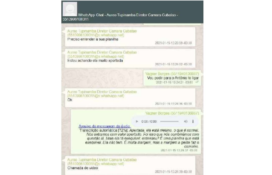 Print do aplicativo de mensagem: conversa entre Vagner e o advogado Áureo Tupinambá 