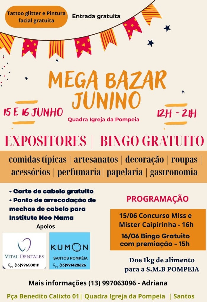 A entrada é grátis, mas a organização do Mega Bazar Junino pede a doação de 1 quilo de alimento não perecível para a Sociedade de Melhoramentos da Pompeia