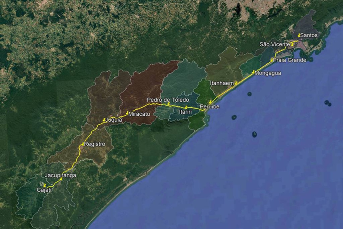 Traçado da futura linha férrea SantosCajati, que deverá ligar a Baixada Santista ao Vale do Ribeira