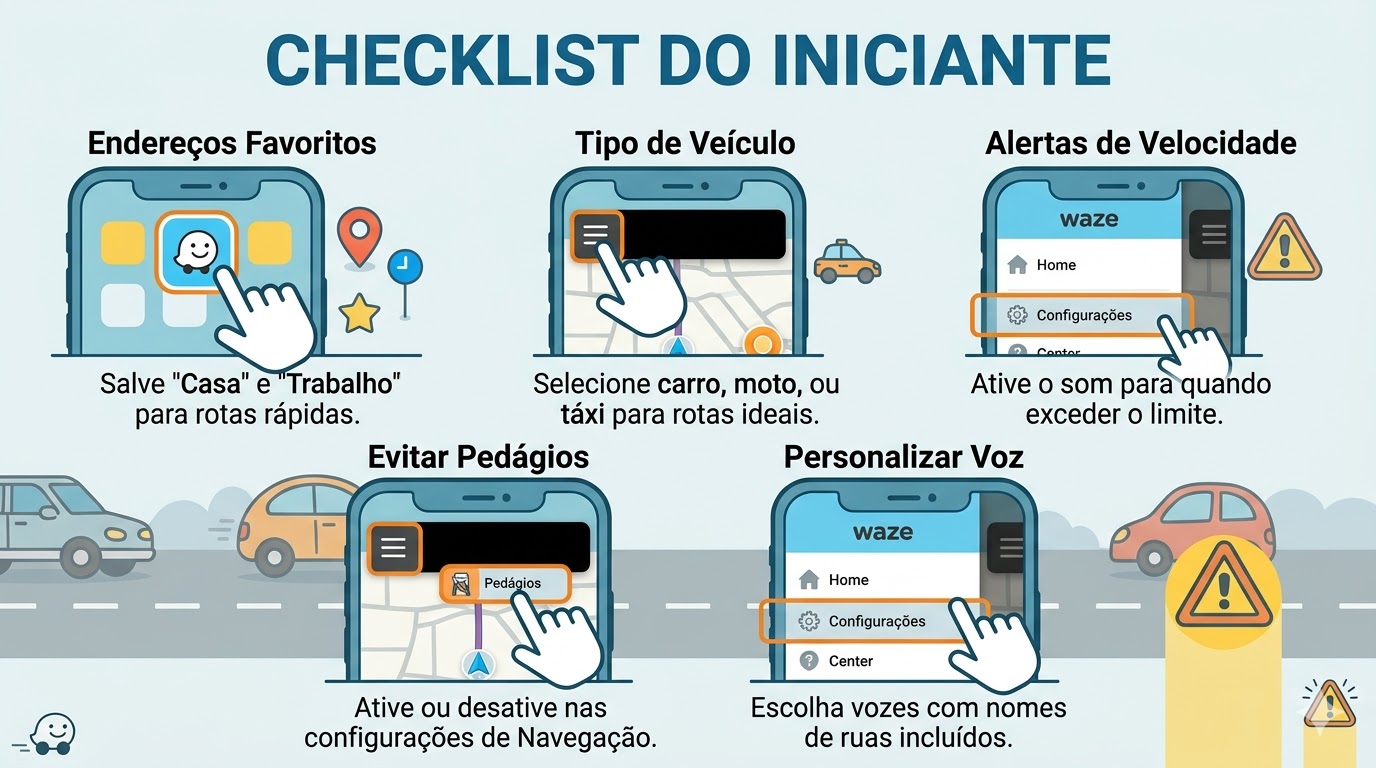 As cinco configurações fundamentais para personalizar o Waze, garantindo economia de tempo, alertas de segurança e rotas mais eficientes (Imagem Gerada por IA/Google Gemini)