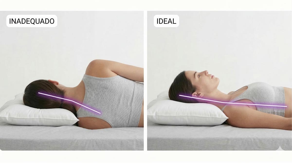 Confira a diferença visual entre um apoio inadequado e a altura ideal do travesseiro para proteger o seu pescoço