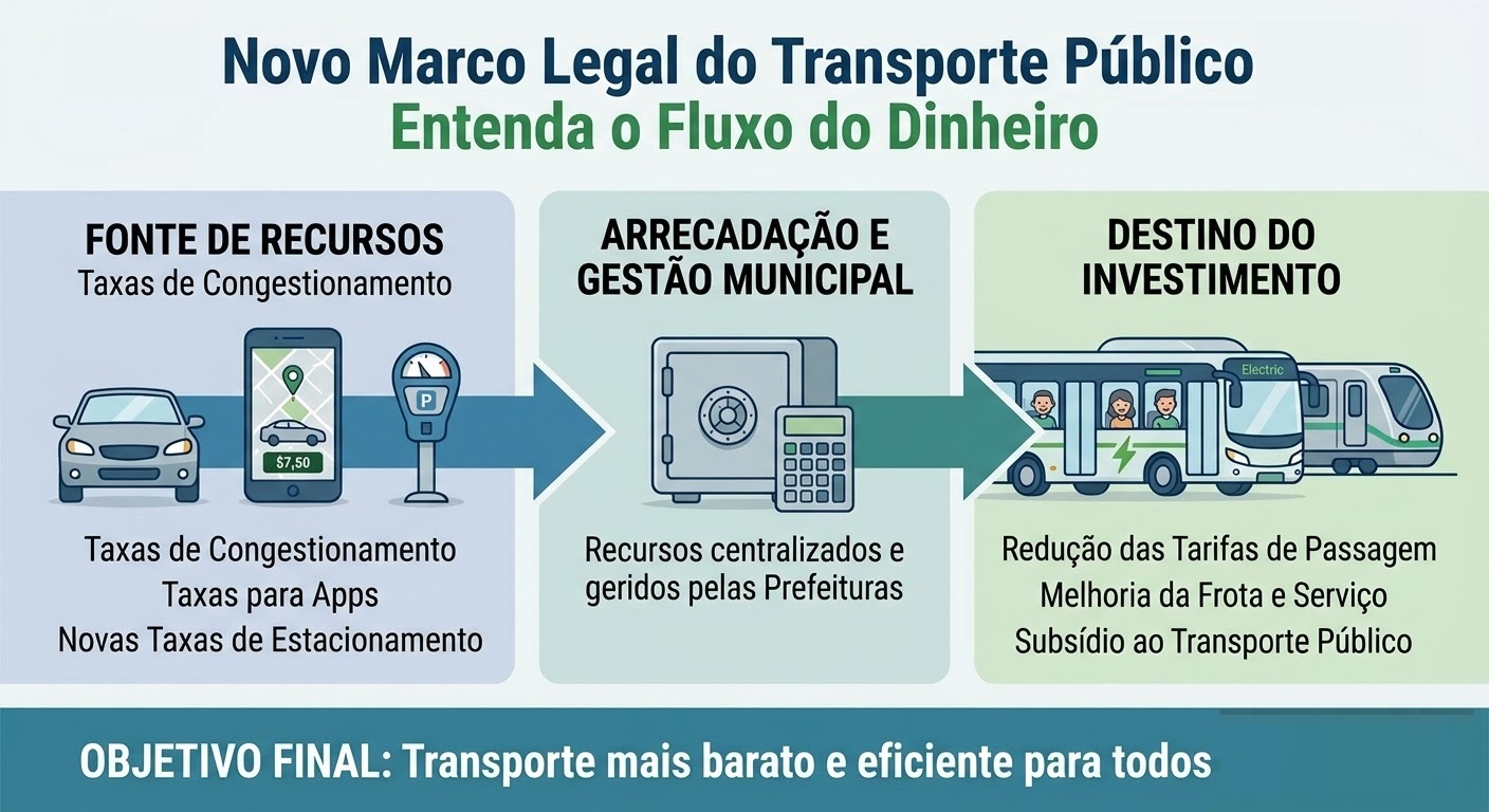  Infográfico detalha o fluxo planejado pelo Novo Marco Legal: cobranças de motoristas financiando a redução das tarifas de ônibus e metrô.