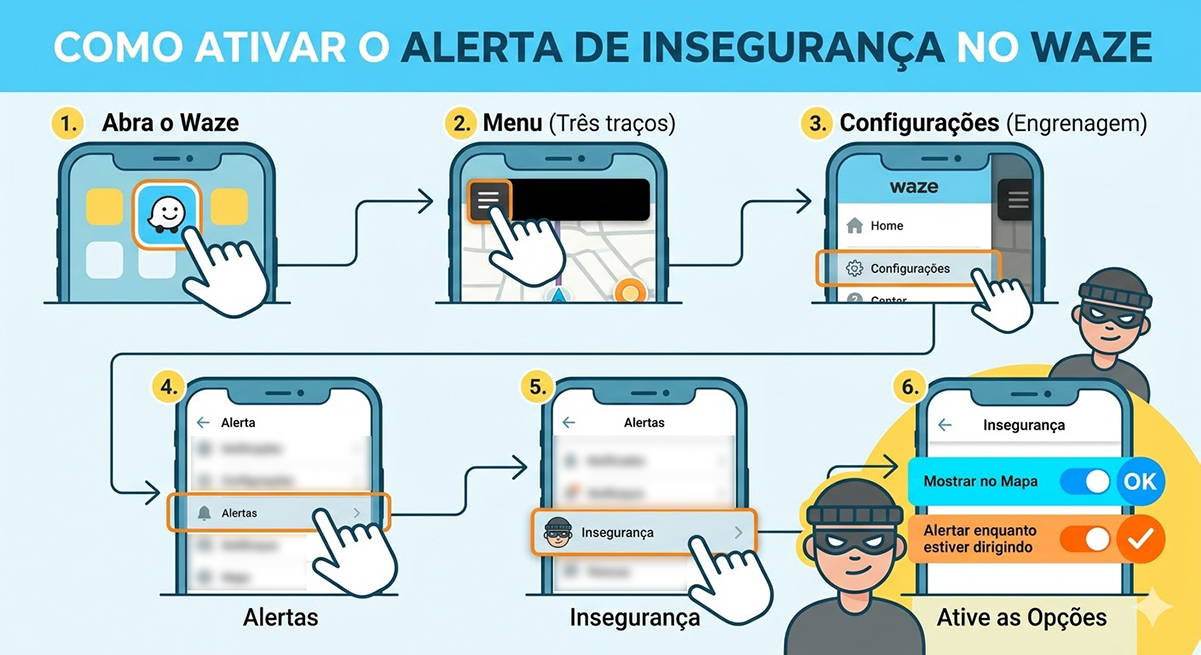 Passo a passo visual: Como acessar o menu de 'Alertas' nas configurações do Waze e ativar as notificações de 'Insegurança' para visualização no mapa e alertas de voz