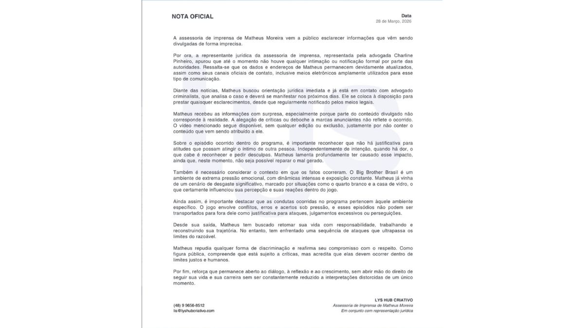 Em nota, a defesa de Matheus Moreira alegou que não houve intimação formal
