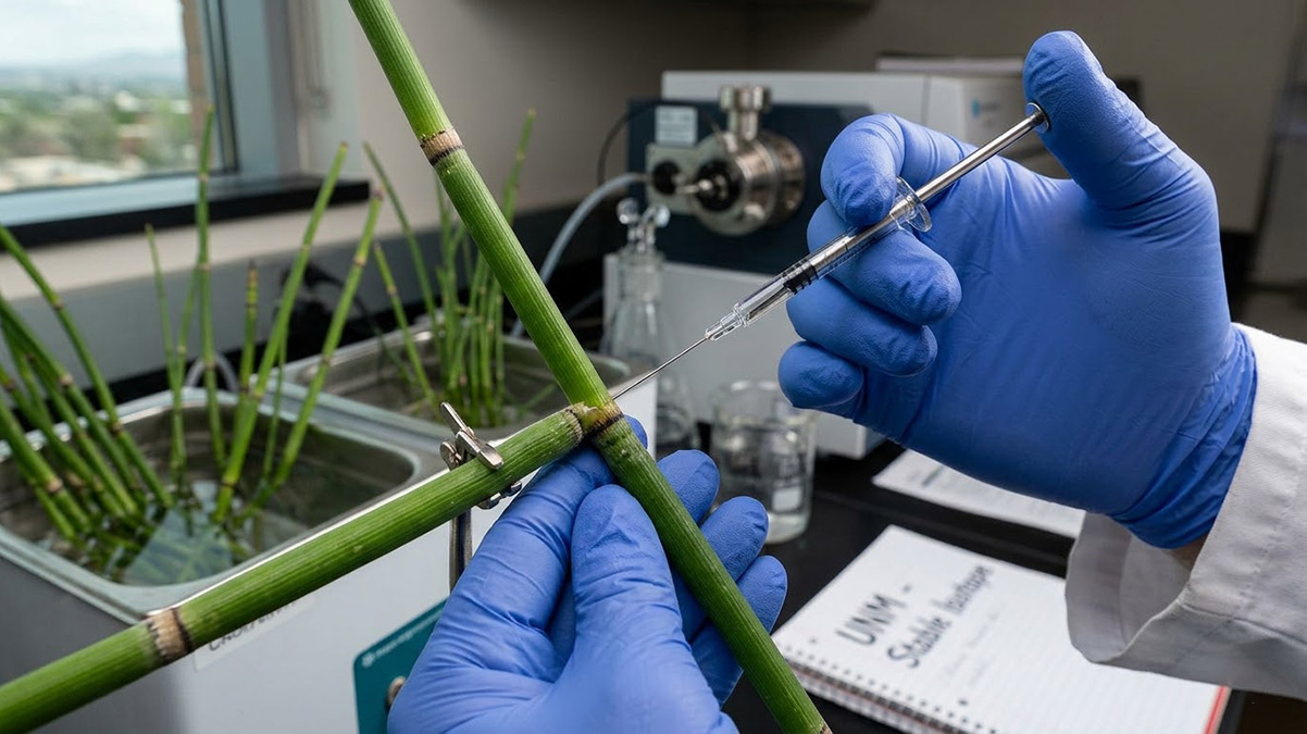 Pesquisadores utilizam microseringas para extrair água diretamente dos nós do caule oco da cavalinha