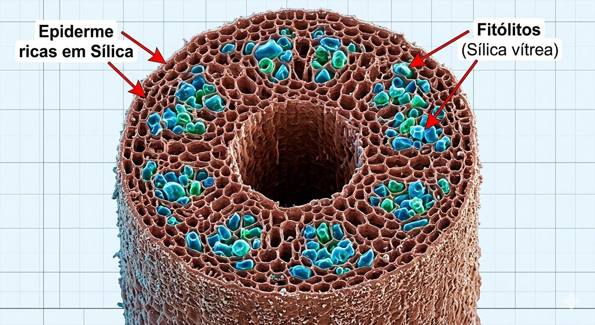 Microscopia eletrônica revela os fitólitos de sílica que dão à planta sua textura áspera e preservam dados climáticos