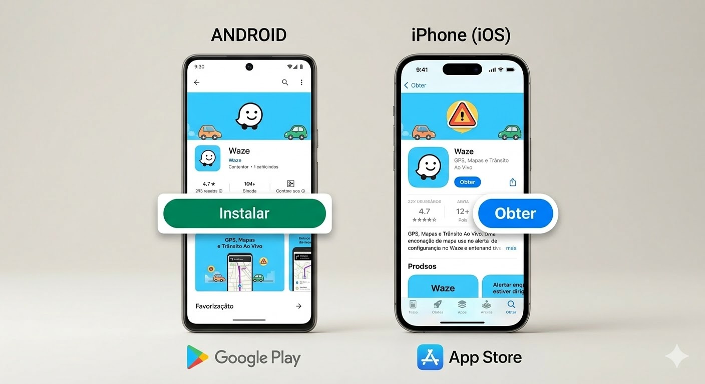 Onde encontrar o Waze: Visualização do aplicativo pronto para download na Google Play Store (para aparelhos Android) e na App Store (para iPhones)