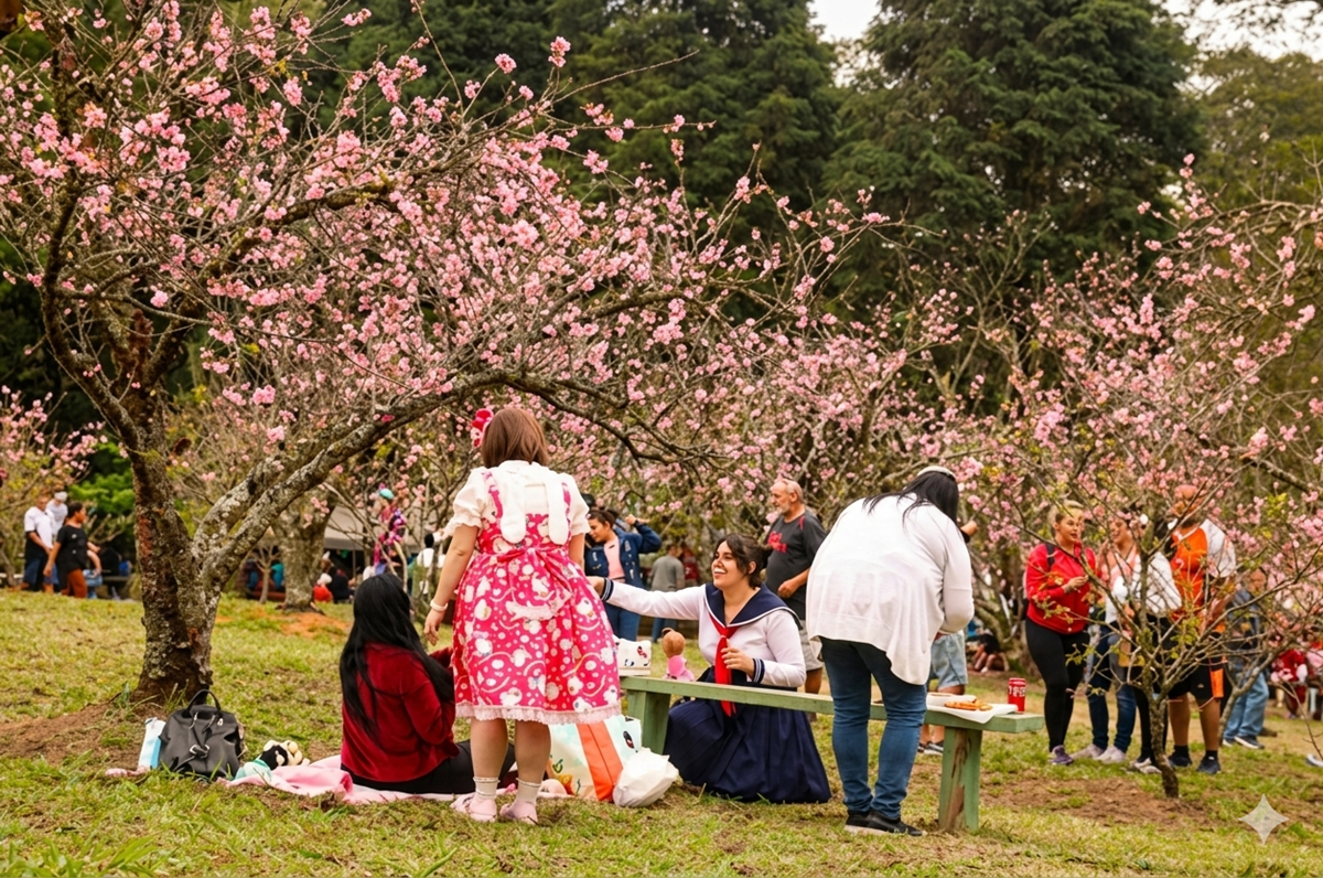 Este ano, com a festa marcada para julho, o festival vai coincidir com a florada de cerejeiras
