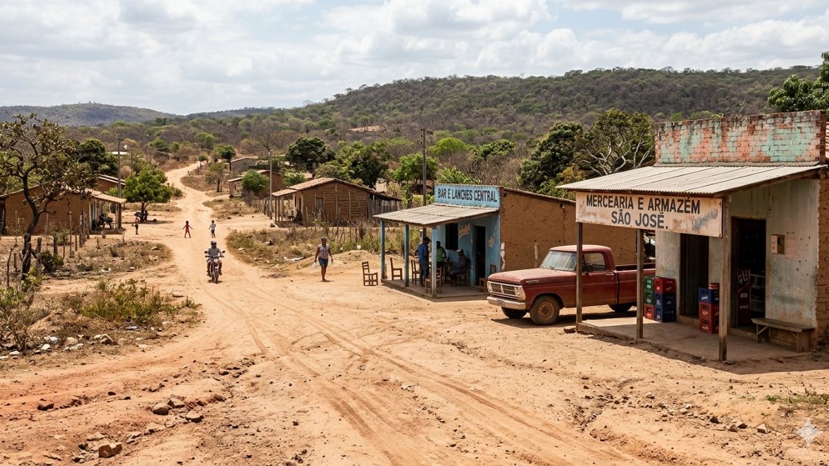 Cidade com estrada de terra e poucos comércios ao redor