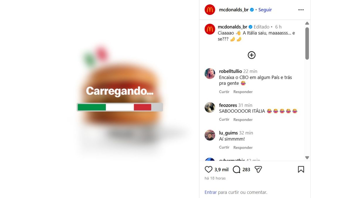 Teaser do retorno do Mc Itália, postado nas redes do McDonald's logo após o fim do jogo entre Bósnia e Itália