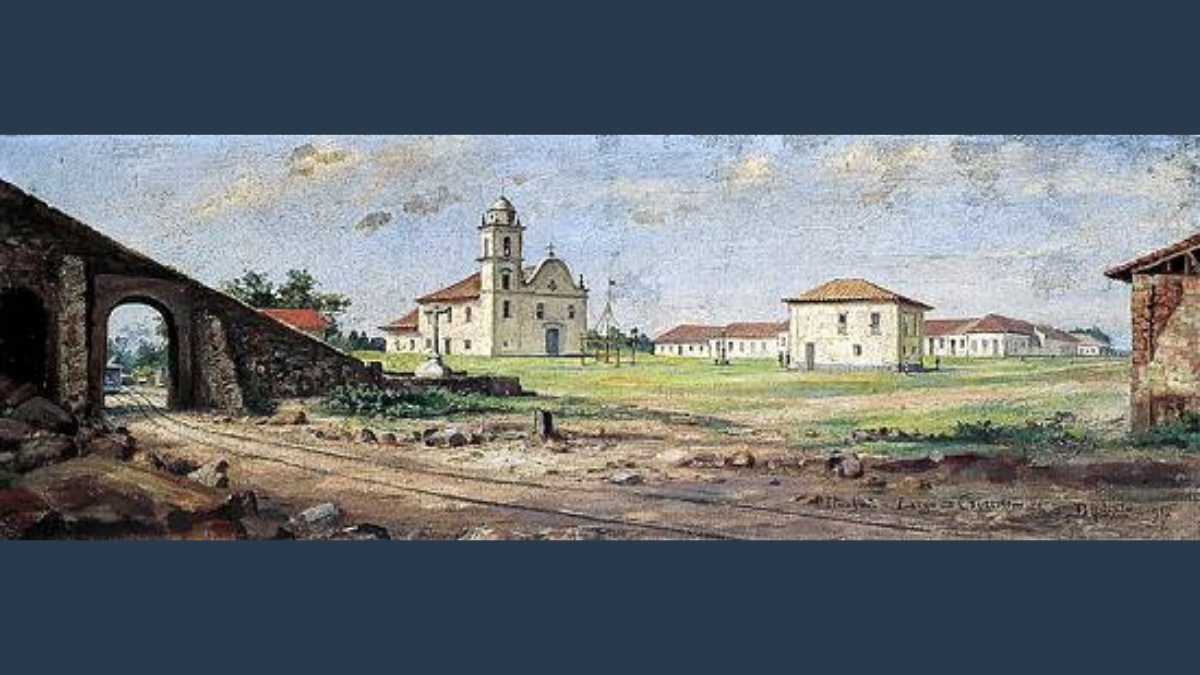 Pintura de Benedito Calixto representando a Igreja Matriz de Sant'Anna em 1917, onde atualmente é o centro histórico da cidade