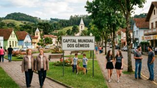 Fotografia fotorrealista de praça brasileira. Vários pares de gêmeos idênticos caminham. Placa central: 'CAPITAL MUNDIAL DOS GÊMEOS'. Edifícios coloridos, igreja e colinas ao fundo.
