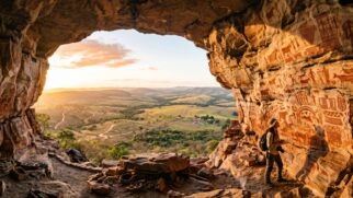 Interior de gruta iluminada pelo sol. Paredes de pedra cobertas por pinturas rupestres vermelhas. Ao fundo, a vegetação nativa do Cerrado brasileiro com céu azul.