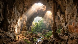 Uma fotografia de paisagem de grande angular e cinematicamente dramática captura a grandiosidade colossal e a beleza mística do interior da Gruta do Janelão, no Parque Nacional Cavernas do Peruaçu, próximo a Januária, Minas Gerais. A composição enfatiza a escala titânica da caverna, com paredes de calcário áspero e texturizado que se elevam centenas de metros até um teto arqueado. Várias "janelas" naturais maciças no teto da caverna permitem que feixes de luz solar intensa e quente cortem o ar úmido e levemente nebuloso, iluminando partes do interior e criando caminhos de luz visíveis. O centro da cena é uma imensa abertura arqueada que revela uma floresta tropical exuberante e densa, com árvores, samambaias e palmeiras crescendo dentro da própria caverna, alimentada pela luz solar e pelo Rio Peruaçu, que serpenteia pelo chão da gruta. No primeiro plano, uma trilha de terra acidentada e pedregosa serpenteia pelo interior, onde uma única e pequena figura humana (um caminhante vestindo uma jaqueta vermelha e mochila) caminha, pequena contra a escala avassaladora do ambiente rochoso. Estalactites intrincadas pendem do teto e estalagmites colossais erguem-se do chão, incluindo uma coluna maciça e alta perto do centro. Paredões de calcário no teto e nas paredes exibem claramente pinturas rupestres pré-históricas em pigmentos vermelhos e ocre. A luz natural cria um contraste poderoso entre as sombras profundas da caverna e a luminosidade brilhante dos feixes de luz solar e da floresta externa. A foto possui granulado de filme rico, cores vibrantes e foco nítido na textura das rochas e nas formações, transmitindo uma sensação de reverência e descoberta antiga.