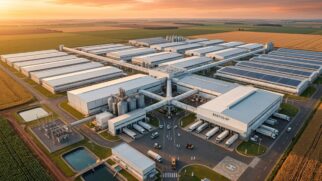 A imagem apresenta uma vista aérea, capturada por drone sob a luz dourada do entardecer, revelando a magnitude de um gigantesco complexo industrial isolado no meio de vastas planícies agrícolas. A estrutura monumental é composta por dezenas de imensos galpões brancos e modernos, equipados com painéis solares e interligados por tubulações aéreas a grandes silos metálicos de armazenamento. No pátio central perfeitamente asfaltado e sinalizado, com a identificação "Bastos-SP" nas fachadas, o intenso fluxo logístico é evidenciado por inúmeras carretas estacionadas nas docas, enquanto minúsculas figuras de funcionários em trajes brancos de biossegurança circulam pelo local, destacando o contraste impressionante entre o poder tecnológico em larga escala e a tranquilidade do ambiente rural ao redor.