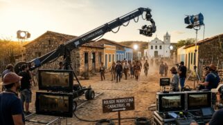 A imagem mostra uma equipe de produção de vídeo filmando em uma pequena e antiga cidade do interior. No centro de uma rua de terra, um grupo de atores com trajes tradicionais de sertanejos está posicionado em frente às casas de pedra. O ambiente é de bastidores, com profissionais operando equipamentos de câmera e iluminação sob a luz do pôr do sol.