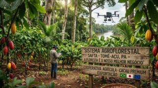 A imagem capta a essência da agrofloresta de Tomé-Açu com um forte contraste visual entre a tradição e a tecnologia. Uma placa rústica de madeira no primeiro plano, com os dizeres "SISTEMA AGROFLORESTAL SAFTA - TOMÉ-AÇU, PA", "A FLORESTA É O NOSSO MELHOR NEGÓCIO" e "COOPERATIVA AGRÍCOLA - CACAU PREMIUM EXPORTAÇÃO", ancora a narrativa. Um drone de monitoramento com câmeras sobrevoa a plantação densa e verdejante de cacau e açaí, protegida por árvores nativas altas. Frutos coloridos de cacau pendem das plantas, e uma cesta cheia de amêndoas premium no canto simboliza o sucesso financeiro e ecológico. O sol poente filtra-se pela floresta, criando uma atmosfera acolhedora e produtiva.