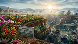 A imagem ilustra um impressionante contraste geológico e econômico em uma paisagem rural. Do lado esquerdo, sobre a superfície, há campos vibrantes e coloridos de flores tropicais sendo cultivados por agricultores, com construções em estilo europeu ao fundo. No centro e à direita, a terra se abre em uma vasta mina a céu aberto, profunda e em camadas, repleta de maquinário pesado como escavadeiras e caminhões. Uma grande placa no centro identifica o local como a "Jazida de Vanádio" em Maracás, destacando-a como uma "Reserva Estratégica" para "Tecnologia Verde" e "Baterias do Futuro", conexão reforçada pelos painéis solares e grandes baterias visíveis ao fundo, sob a luz dourada do nascer do sol.