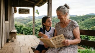 Vemos uma senhora idosa e uma criança em Santa Maria de Jetibá, em uma varanda rústica cercada pelas lavouras de café nas montanhas capixabas. Elas seguram um livro didático com o título claramente visível: 'POMMERANISCH LERNEN' / 'APRENDENDO O POMERANO'