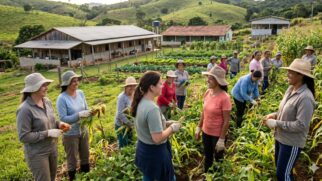 Fotografia documental de cooperativa agrícola no Brasil. Grupo diverso de mulheres trabalha unido na colheita, sorrindo e vestindo roupas práticas. Ambiente rural produtivo e colaborativo.