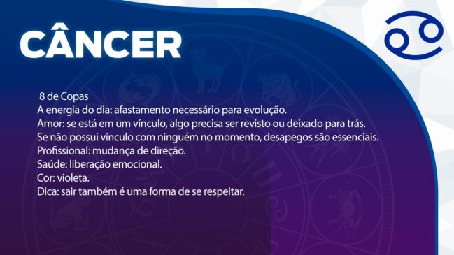 Câncer (8 de Copas)
A energia sugere um afastamento necessário para que haja evolução.
Amor: Em um vínculo, talvez algo precise ser revisto ou deixado para trás. Se estiver só, praticar o desapego será essencial.
Profissional: Indica uma possível mudança de direção.
Saúde: Momento favorável para liberação emocional.
Cor: Violeta.
Dica: Lembre-se que se retirar de certas situações também é uma forma de se respeitar.