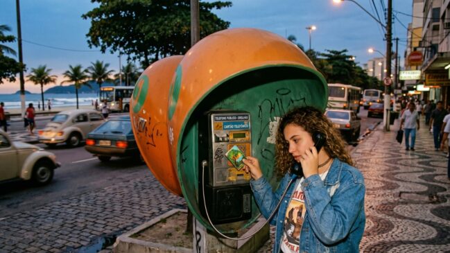 Estamos na orla de Santos, no Gonzaga, no final dos anos 90. A imagem foca na experiência tátil e visual: as cúpulas vibrantes, a luz quente do entardecer e, crucialmente, uma pessoa usando um cartão telefônico magnético (um clássico colecionável da época)