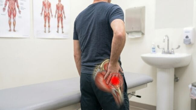 Pessoa em pé segurando a região do quadril, com destaque para dor muscular na área.