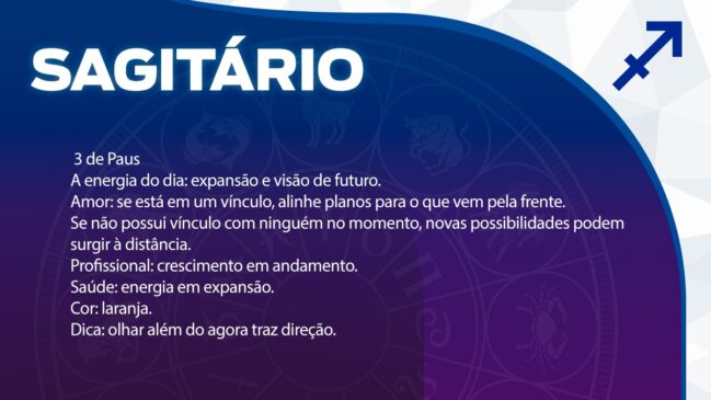 Sagitário (3 de Paus)
Visão voltada para o futuro e expansão.
Amor: É hora de alinhar planos futuros com quem você ama. Para os solteiros, novas possibilidades podem surgir, inclusive à distância.
Profissional: O crescimento já está em andamento.
Saúde: A energia está em fase de expansão.
Cor: Laranja.
Dica: Olhar além do momento presente ajuda a trazer direção.