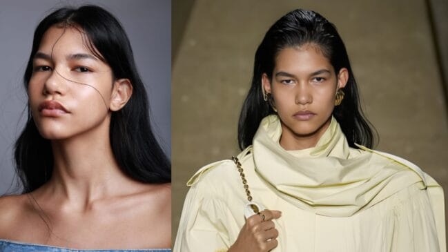 Montagem com duas imagens de mulher de cabelos longos: retrato em estúdio à esquerda e modelo em passarela à direita.