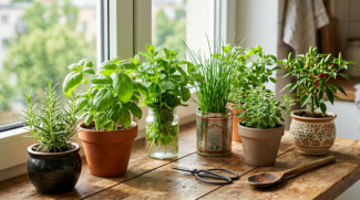 a imagem conta com 6 temperos em forma de cultivo, cada um em seu vaso
