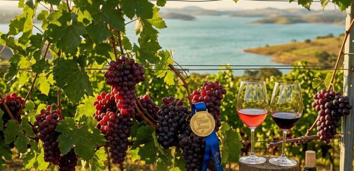 Vinicola com duas taças de vinhos uma rose e outra tinto