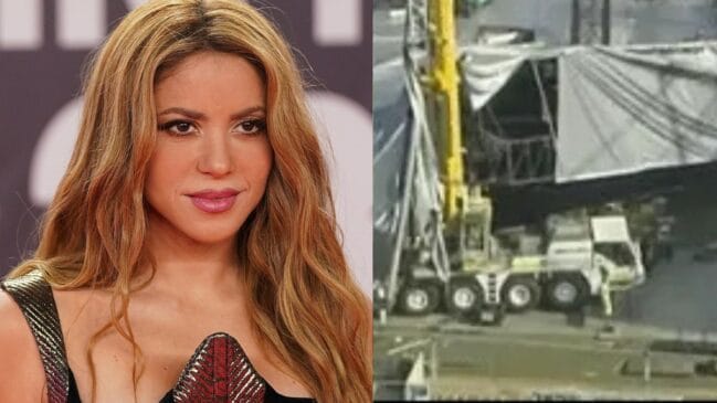 Imagem de shakira do lado esquerdo e o acidente de Marselha no lado direito