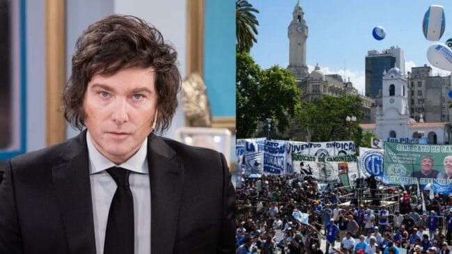 Presidente Milei na imagem do lado esquerdo. No lado direito, a imagem de uma manifestação na Argentina