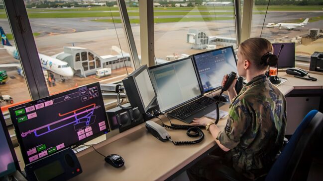 A imagem captura o interior de uma torre de controle de tráfego aéreo a partir de um ângulo levemente elevado, destacando uma profissional em plena atividade. Em primeiro plano, uma controladora aparece de perfil e de costas para a câmera, vestindo uma farda militar camuflada e com o cabelo rigorosamente preso em um coque. Ela segura um microfone de rádio próximo ao rosto com a mão direita, indicando um momento de comunicação ativa, enquanto sua mão esquerda se apoia sobre uma extensa bancada de trabalho repleta de tecnologia. Sobre o console, destacam-se três monitores principais que exibem informações críticas: o da esquerda apresenta um mapa de radar colorido com o traçado das pistas, enquanto os centrais mostram dados técnicos e tabelas de voo. Além das telas, nota-se a presença de um teclado preto, mouse e diversos módulos de comunicação com cabos espiralados que reforçam a complexidade da função. Ao fundo, através das amplas janelas de vidro que circundam a torre, é possível ver o pátio de um aeroporto sob a luz clara do dia. Uma aeronave da companhia Azul está estacionada e conectada a uma ponte de embarque, cercada pela infraestrutura asfáltica e áreas verdes do sítio aeroportuário. A composição geral transmite uma atmosfera de vigilância, precisão técnica e segurança operacional.