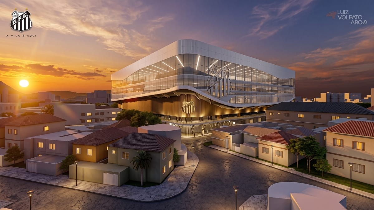Imagem projetada do novo estádio de Santos com melhoria da foto por IA