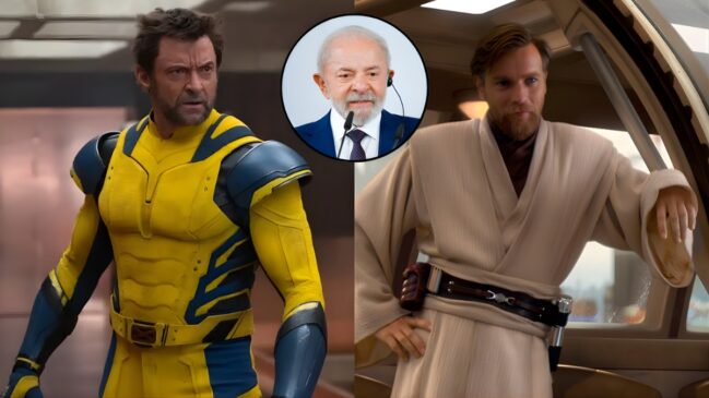 Esta imagem é uma montagem que reúne três personalidades. Em primeiro plano, temos à esquerda o ator Hugh Jackman como Wolverine, em seu uniforme clássico amarelo e azul de X-Men '97. À direita, está o ator Ewan McGregor como Obi-Wan Kenobi, em suas vestes Jedi de Star Wars. No centro, sobreposta às outras imagens, há um pequeno círculo com o retrato do presidente Luiz Inácio Lula da Silva, com fone de ouvido, em uma coletiva de imprensa.