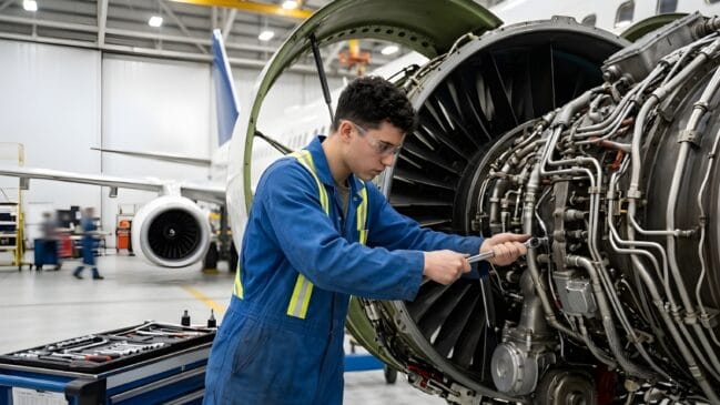 A imagem retrata um jovem mecânico de aeronaves trabalhando em um hangar de grandes dimensões. O profissional, que veste um macacão azul de trabalho com faixas reflexivas amarelas e óculos de proteção transparentes, está posicionado de perfil, concentrado na manutenção de uma turbina de avião exposta. Ele utiliza uma ferramenta manual, semelhante a uma chave de torque, para ajustar componentes internos do motor, que apresenta uma estrutura complexa de tubulações metálicas, fiações e engrenagens. À esquerda do mecânico, em primeiro plano, há um carrinho de ferramentas azul com gavetas abertas, exibindo um conjunto organizado de chaves e utensílios de precisão. Ao fundo, o hangar é amplo e bem iluminado, onde é possível observar parte da fuselagem de uma aeronave branca com cauda azul, além de outros equipamentos de suporte e vultos de colegas de trabalho em movimento, o que reforça o ambiente dinâmico de uma linha de manutenção oficial.