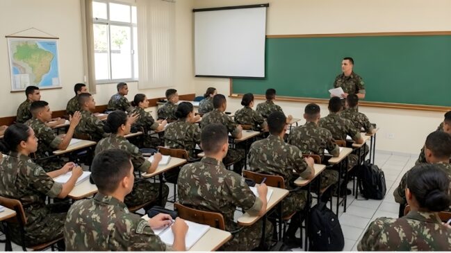 A imagem apresenta o interior de uma sala de aula militar com diversos jovens fardados sentados em fileiras de carteiras escolares. A fotografia, capturada de uma perspectiva traseira lateral, mostra estudantes, homens e mulheres, vestindo uniformes de camuflagem padrão do Exército Brasileiro em tons de verde e marrom. A maioria dos alunos está voltada para a frente da sala, alguns com cadernos abertos e canetas nas mãos, demonstrando atenção e postura de estudo. No canto superior esquerdo da parede, há um mapa do Brasil pendurado. À frente da turma, um instrutor militar está em pé, posicionado ao lado de uma lousa verde limpa. Acima da lousa, uma tela de projeção branca está recolhida. O ambiente é bem iluminado, com paredes em tom creme, piso de cerâmica clara e janelas ao fundo que deixam entrar a luz do dia. Próximo aos pés dos alunos, é possível ver mochilas pretas organizadas no chão, reforçando o clima de uma unidade de ensino tecnológica ou de formação militar em plena atividade.