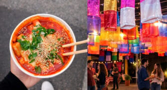 A imagem mostra uma tigela de comida típica coreana sendo segurada por uma pessoa. O prato tem um molho vermelho intenso, com aparência picante, e é servido com pedaços de massa (como bolinhos de arroz), cobertos com cebolinha picada e sementes de gergelim.