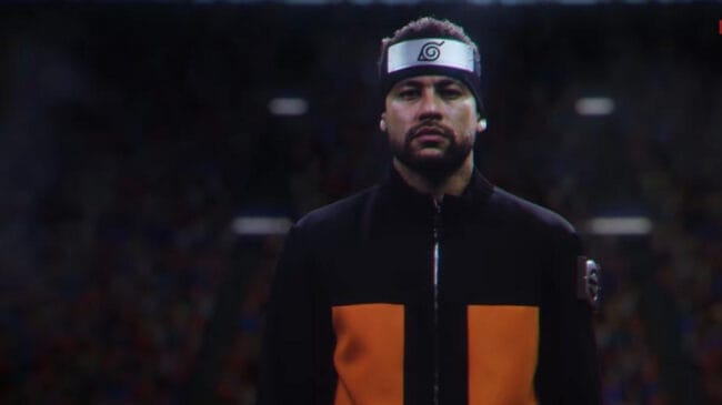 A imagem mostra o jogador Neymar JR vestido como Naruto Uzumaki
