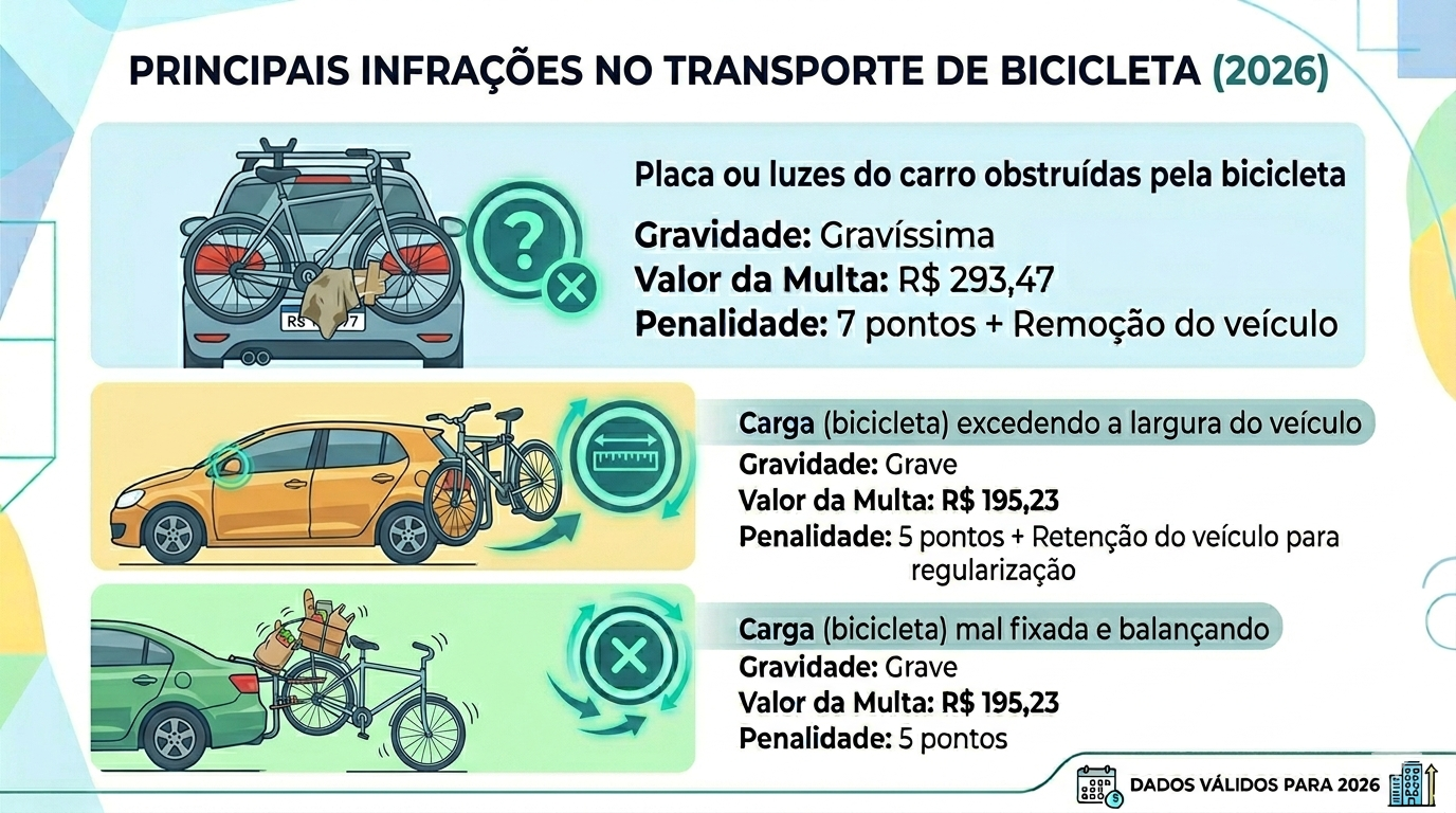 Tabela mostra as principais infrações no transporte de bicicleta segundo as regras atualizadas para 2026