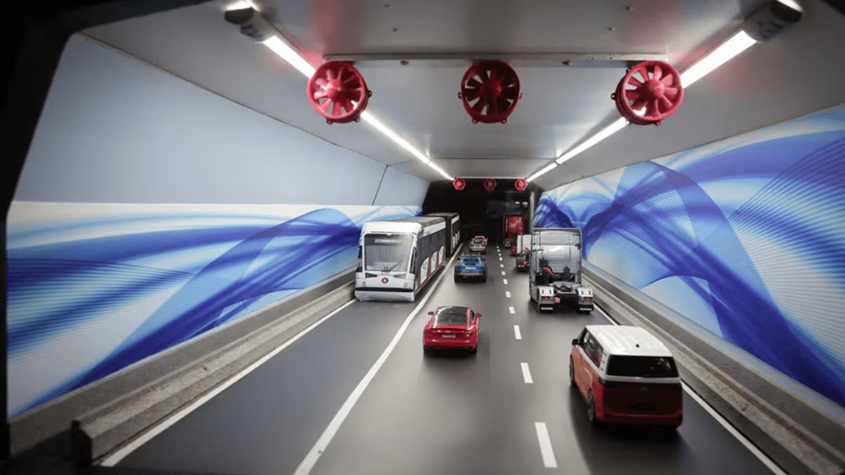 Imagem gerada por inteligência artificial que mostra como será o interior do Túnel Santos-Guarujá