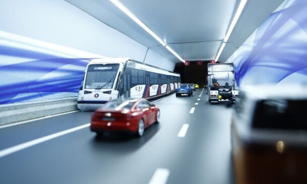Imagem produzida por inteligência artificial para ilustrar como será o trânsito dentro do Túnel Santos-Guarujá
