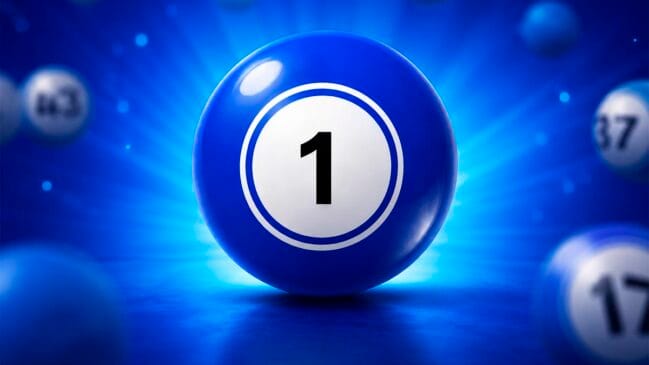 Bola de bingo azul vibrante e brilhante com o número 1 em preto dentro de um círculo branco