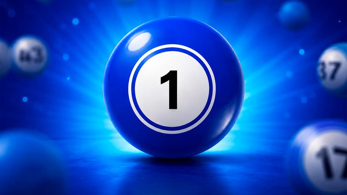 Bola de bingo azul vibrante e brilhante com o número 1 em preto dentro de um círculo branco